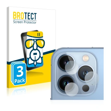 Front side of a product packaging with the brand logo BROTECT. Next to it is the device Apple iPhone 13 Pro (ONLY Camera Lens)