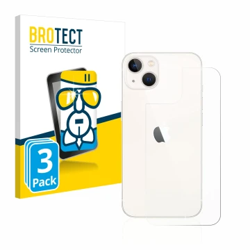 Front side of a product packaging with the brand logo BROTECT. Next to it is the device Apple iPhone 13 (Back) shown with the 