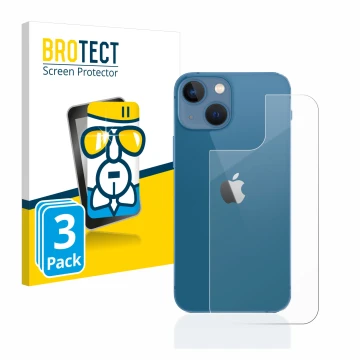 Front side of a product packaging with the brand logo BROTECT. Next to it is the device Apple iPhone 13 mini (Back) shown with