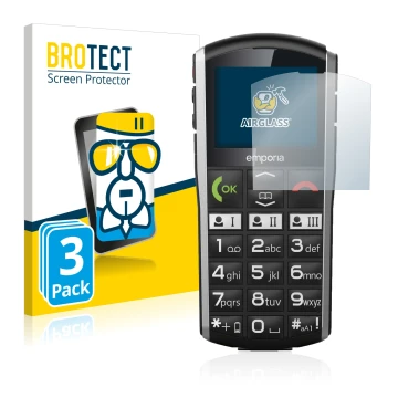 Front side of a product packaging with the brand logo BROTECT. Next to it is the device Emporia Simplicity shown with the corr