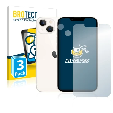 Front side of a product packaging with the brand logo BROTECT. Next to it is the device Apple iPhone 13 (Front+Camera) shown w