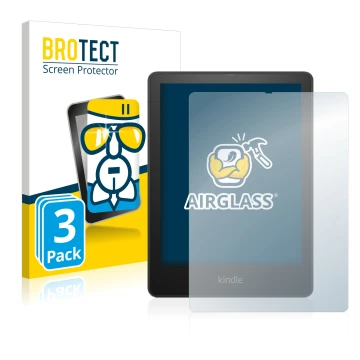 Front side of a product packaging with the brand logo BROTECT. Next to it is the device Amazon Kindle Paperwhite 2021 Signatur