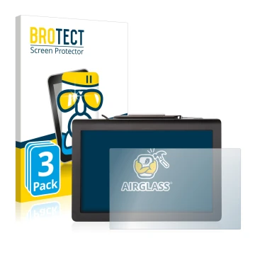 Front side of a product packaging with the brand logo BROTECT. Next to it is the device Signotec Pen Display Delta (Touch) sho