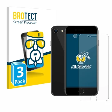 Front side of a product packaging with the brand logo BROTECT. Next to it is the device Apple iPhone SE 2 2020 (Front+Camera) 