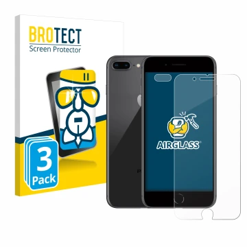 Front side of a product packaging with the brand logo BROTECT. Next to it is the device Apple iPhone 8 Plus (Front+Camera) sho