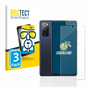Front side of a product packaging with the brand logo BROTECT. Next to it is the device Samsung Galaxy S20 FE (Front+Camera) s
