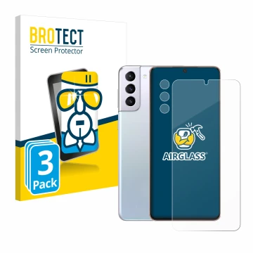 Front side of a product packaging with the brand logo BROTECT. Next to it is the device Samsung Galaxy S21 Plus 5G (Front+Came