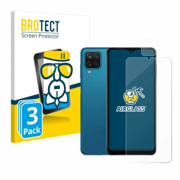 Front side of a product packaging with the brand logo BROTECT. Next to it is the device Samsung Galaxy A12 (Front+Camera) show