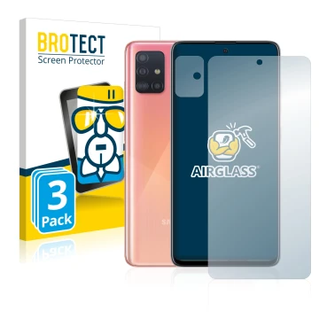 Front side of a product packaging with the brand logo BROTECT. Next to it is the device Samsung Galaxy A51 (Front+Camera) show