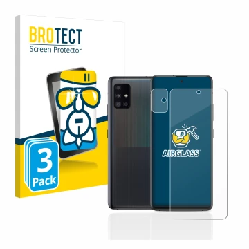 Front side of a product packaging with the brand logo BROTECT. Next to it is the device Samsung Galaxy A51 5G (Front+Camera) s