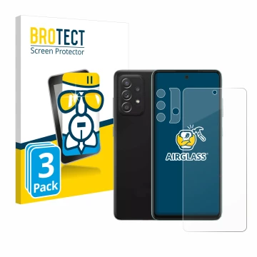 Front side of a product packaging with the brand logo BROTECT. Next to it is the device Samsung Galaxy A52 (Front+Camera) show