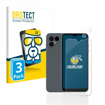 Front side of a product packaging with the brand logo BROTECT. Next to it is the device Fairphone 4 (Front+Camera) shown with 
