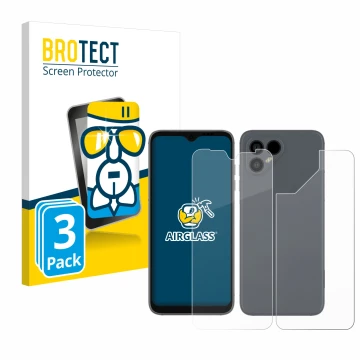 Front side of a product packaging with the brand logo BROTECT. Next to it is the device Fairphone 4 (Front+Back) shown with th
