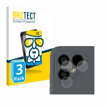 Front side of a product packaging with the brand logo BROTECT. Next to it is the device Fairphone 4 (ONLY Camera Lens) shown w