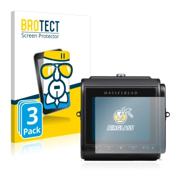 Front side of a product packaging with the brand logo BROTECT. Next to it is the device Hasselblad 907X 50C shown with the cor