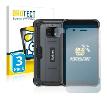 Front side of a product packaging with the brand logo BROTECT. Next to it is the device Blackview BV4900S (Front+Camera) shown