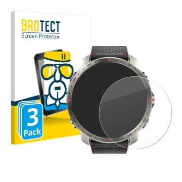 Front side of a product packaging with the brand logo BROTECT. Next to it is the device Polar Grit X Pro Titan shown with the 