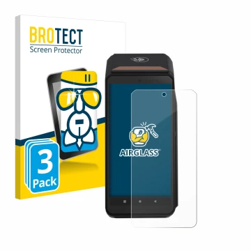 Front side of a product packaging with the brand logo BROTECT. Next to it is the device ingenico Axium DX8000 shown with the c