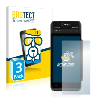 Front side of a product packaging with the brand logo BROTECT. Next to it is the device ingenico Apos A8 shown with the corres