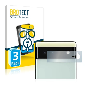 Front side of a product packaging with the brand logo BROTECT. Next to it is the device Google Pixel 6 (ONLY Camera Lens) show