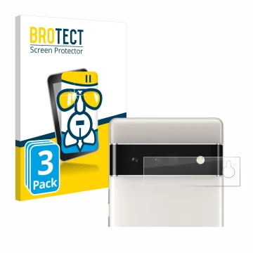 Front side of a product packaging with the brand logo BROTECT. Next to it is the device Google Pixel 6 Pro (ONLY Camera Lens) 