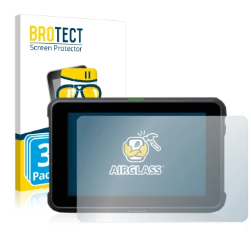 Front side of a product packaging with the brand logo BROTECT. Next to it is the device Atomos Shinobi 7 shown with the corres