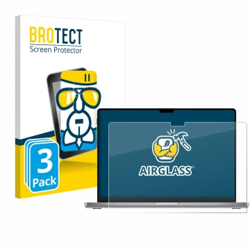 Front side of a product packaging with the brand logo BROTECT. Next to it is the device Apple MacBook Pro 16