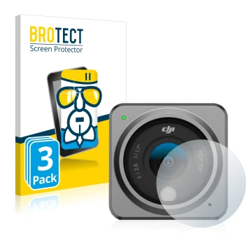 Front side of a product packaging with the brand logo BROTECT. Next to it is the device DJI Action 2 Lens (housing) shown with
