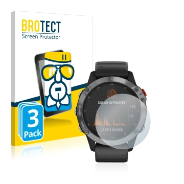 Front side of a product packaging with the brand logo BROTECT. Next to it is the device Garmin Fenix 6 Solar shown with the co