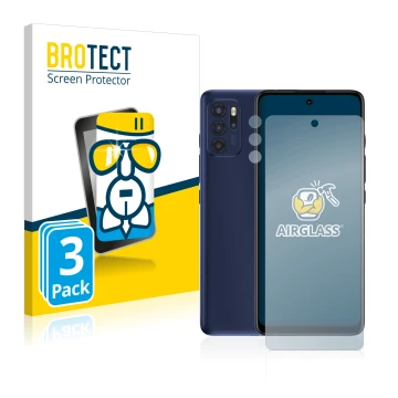 Front side of a product packaging with the brand logo BROTECT. Next to it is the device Motorola Moto G60S (Front+Camera) show