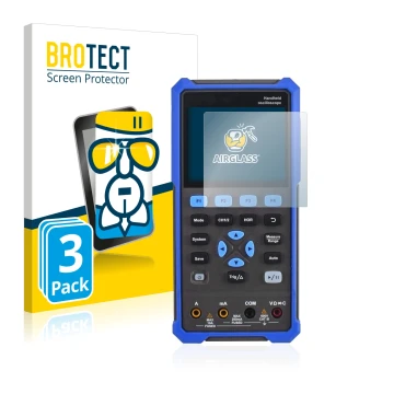 Front side of a product packaging with the brand logo BROTECT. Next to it is the device Owon HDS 200 Series shown with the cor