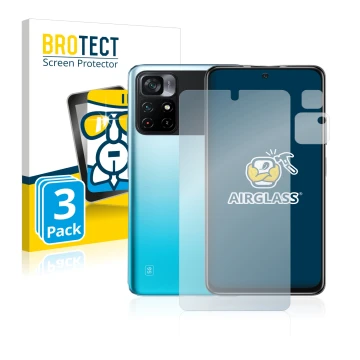 Front side of a product packaging with the brand logo BROTECT. Next to it is the device Xiaomi Poco M4 Pro 5G (Front+Camera) s