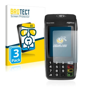 Front side of a product packaging with the brand logo BROTECT. Next to it is the device ingenico Move 5000 shown with the corr