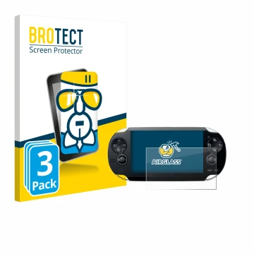 Front side of a product packaging with the brand logo BROTECT. Next to it is the device Sony Playstation PS Vita shown with th