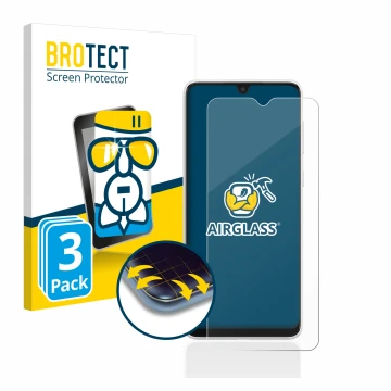 Front side of a product packaging with the brand logo BROTECT. Next to it is the device Samsung Galaxy A03 shown with the corr