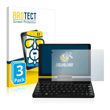 Front side of a product packaging with the brand logo BROTECT. Next to it is the device GPD Pocket 3 shown with the correspond