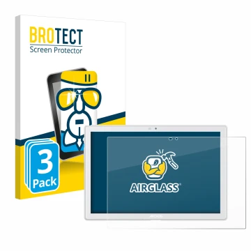 Front side of a product packaging with the brand logo BROTECT. Next to it is the device Archos T101 4G shown with the correspo