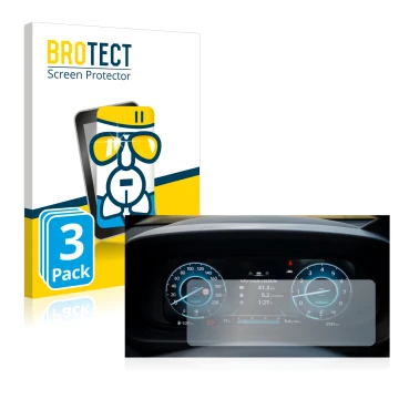 Front side of a product packaging with the brand logo BROTECT. Next to it is the device Hyundai i20 BC3 2021 Cockpit shown wit
