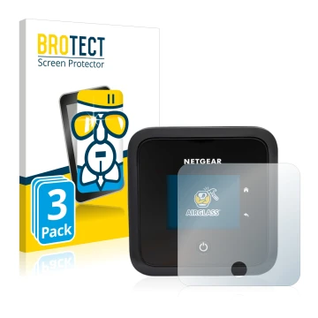 Front side of a product packaging with the brand logo BROTECT. Next to it is the device Netgear Nighthawk M5 shown with the co
