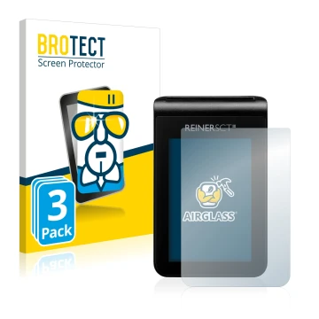 Front side of a product packaging with the brand logo BROTECT. Next to it is the device REINER SCT tanJack deluxe shown with t