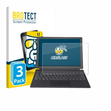 Front side of a product packaging with the brand logo BROTECT. Next to it is the device Wortmann Terra Pad 1262 shown with the