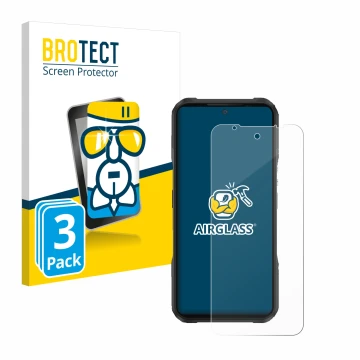 Front side of a product packaging with the brand logo BROTECT. Next to it is the device Doogee V20 shown with the correspondin