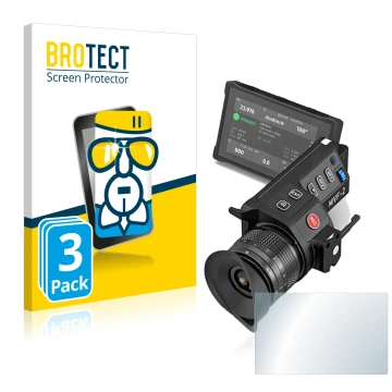 Front side of a product packaging with the brand logo BROTECT. Next to it is the device Arri MVF-2 shown with the correspondin