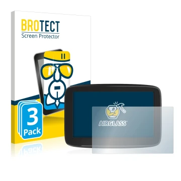 Front side of a product packaging with the brand logo BROTECT. Next to it is the device TomTom GO Classic 5
