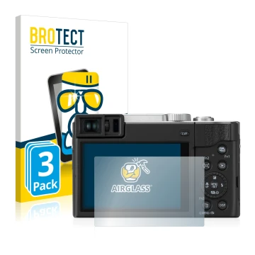 Front side of a product packaging with the brand logo BROTECT. Next to it is the device Panasonic Lumix DC-TZ95 shown with the