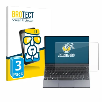 Front side of a product packaging with the brand logo BROTECT. Next to it is the device Chuwi MiniBook X shown with the corres