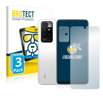 Front side of a product packaging with the brand logo BROTECT. Next to it is the device Xiaomi Redmi 10 (Front+Camera) shown w