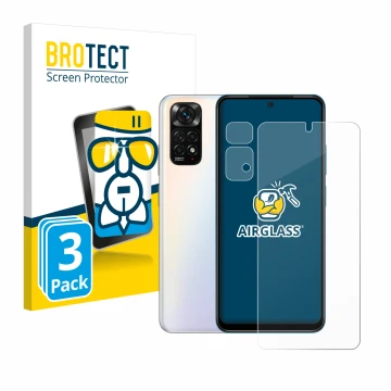 Front side of a product packaging with the brand logo BROTECT. Next to it is the device Xiaomi Redmi Note 11S (Front+Camera) s