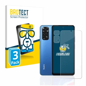 Front side of a product packaging with the brand logo BROTECT. Next to it is the device Xiaomi Redmi Note 11 (Front+Camera) sh