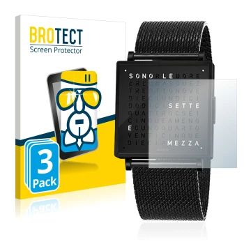 Front side of a product packaging with the brand logo BROTECT. Next to it is the device Qlocktwo W35 shown with the correspond